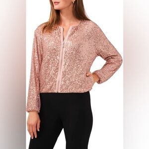 Halogen Sequin Zip Up Bomber Jacket, in Rose Taupe